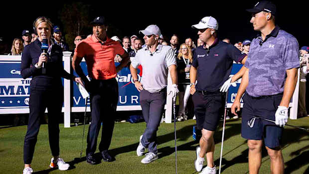 TNT reporter Kathryn Tappen talks to Tiger Woods, Rory McIlroy, Justin Thomas and Jordan Spieth at "The Match."